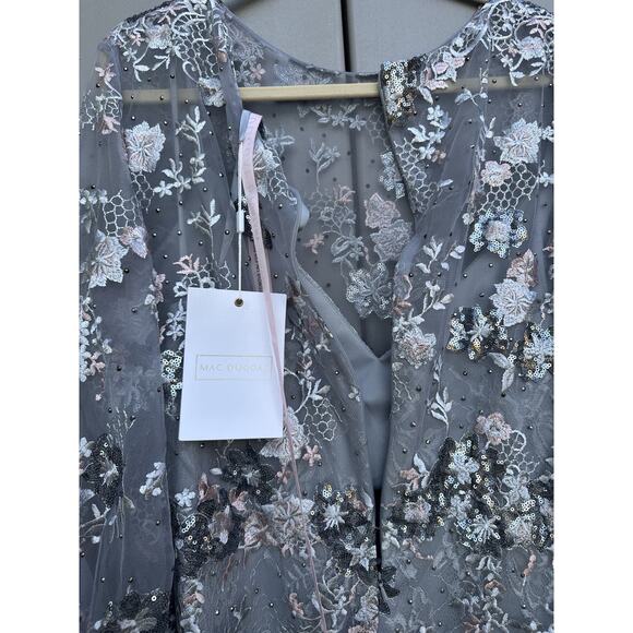 Mac Duggal Platinum Gray Sequin Floral Embroidered Long Sleeve Gown Sz 18 Formal - Picture 10 of 15